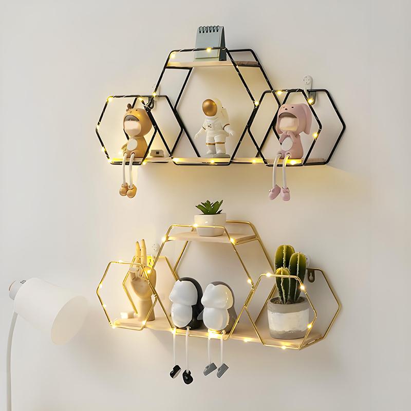 1PC Iron+Wood Space-Saving Wall-Mounted Durable No-Drill Easy-Install Storage Rack Decorative Shelf Easy-Install Wall Sturdy