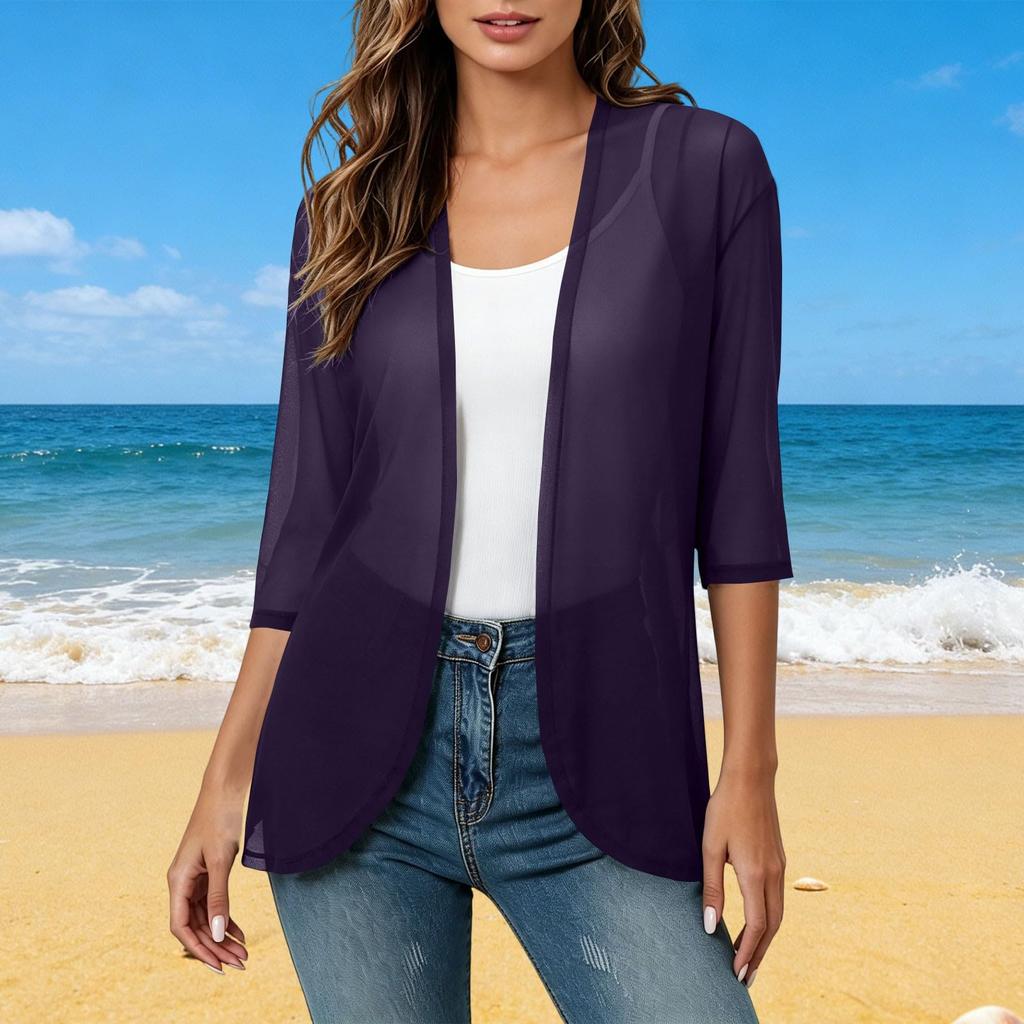 Women's Linen Cardigan With 3/4 Sleeves, Loose Fitting Hood, Shawl Jacket