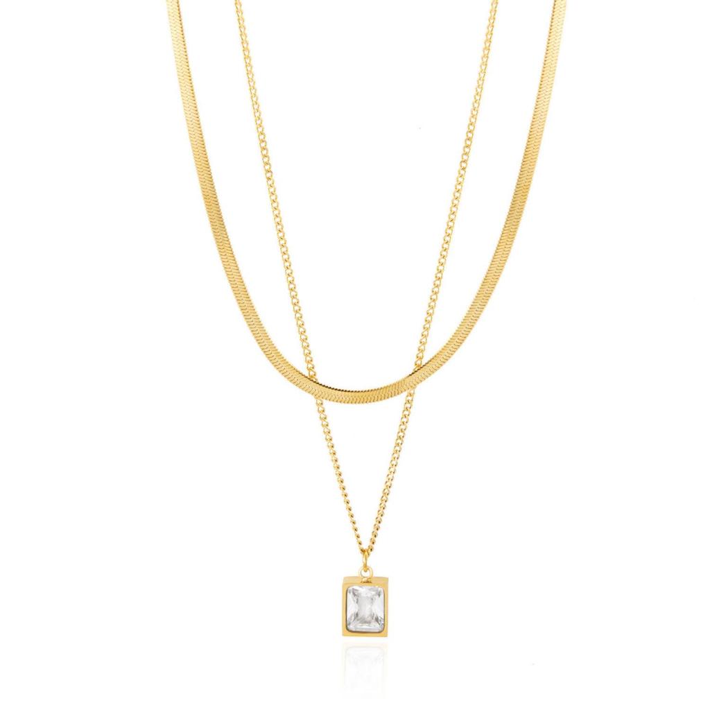 European & American Titanium Zircon Double-Layer Gold Necklace: Elegant & Versatile