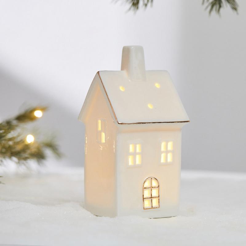 Keramisk Julelandsby Hus Ornament LED Opplyst Juletrehytte Skrivebord Hjem Pynt Julelampe Romdekor