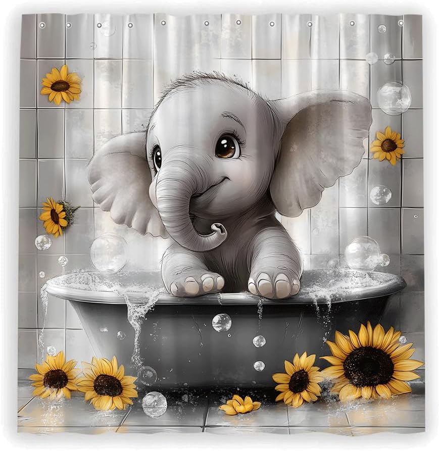 Cute Baby Elephant Shower Curtain Funny African Wildlife Elephant  Polyester Fabric Bathroom Curtain with Hooks