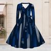 Women Plus Size V Neck Long Sleeve Dark Blue Printed A Line Midi Dress With Belt
