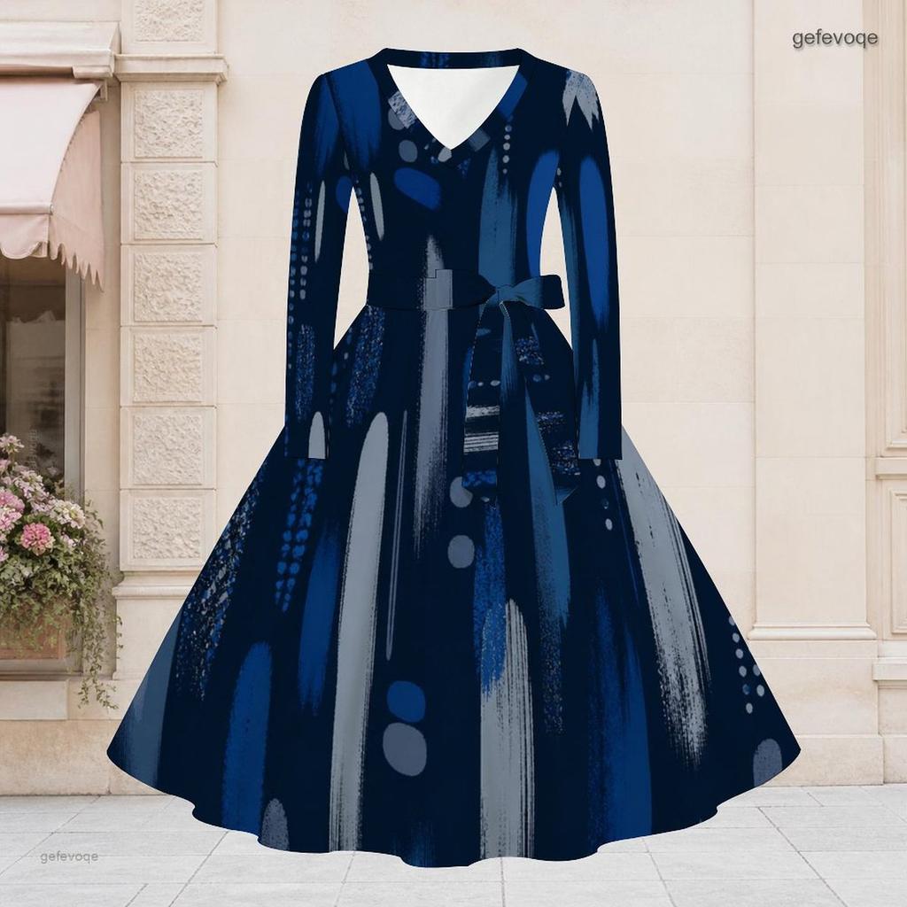 Women Plus Size V Neck Long Sleeve Dark Blue Printed A Line Midi Dress With Belt