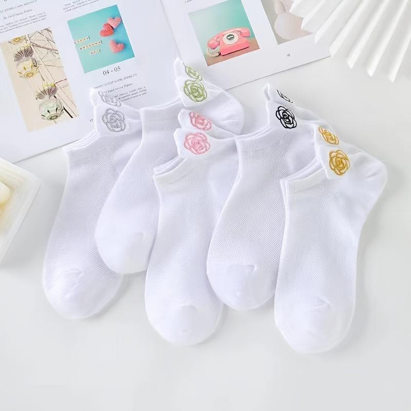 

5-Pair Women s Camellia Ankle Socks - Floral Embroidered Spring/Summer, Airy Stylish Design - All-Purpose Socks For Flat Shoes