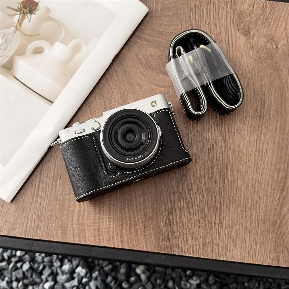 Luxuriöse handgefertigte Halbtasche für Fujifilm X-E5 Fuji XE5 Unterseite Akkuöffnung Abdeckung mit Schultergurt