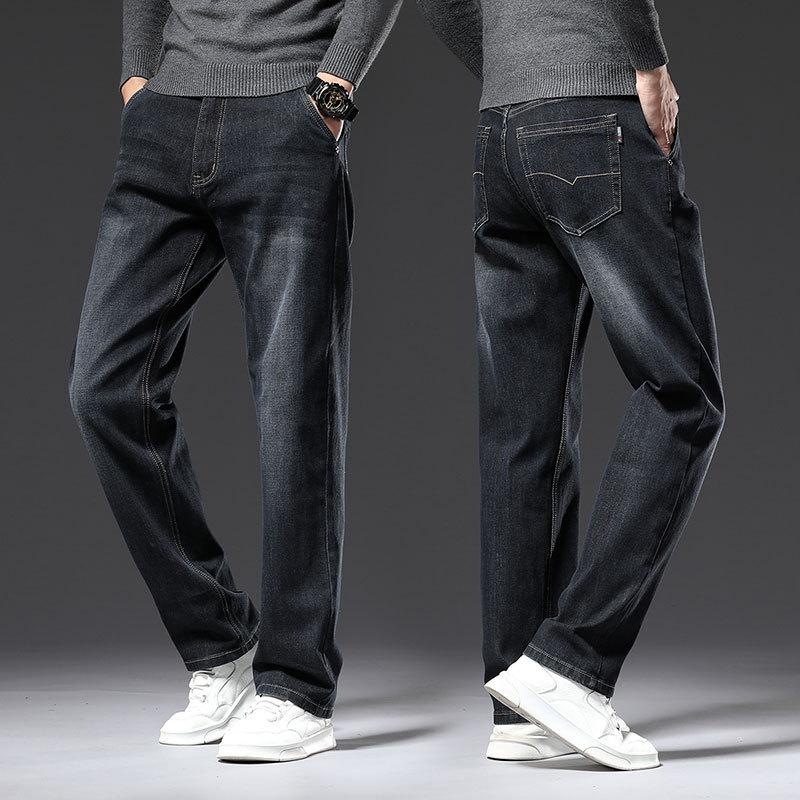 Autumn and winter men's loose straight jeans elastic business trend youth casual long pants for men