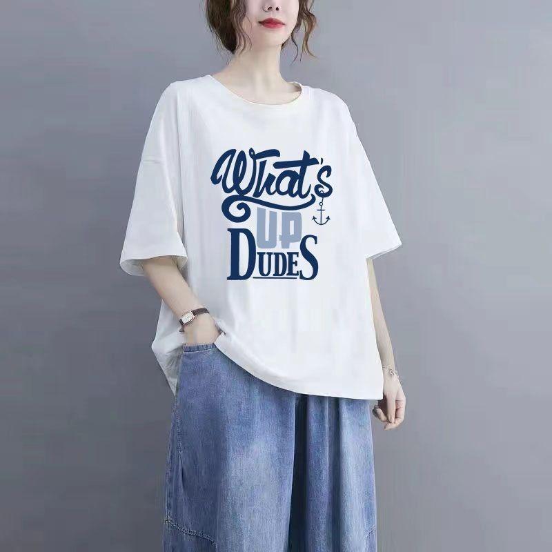 Summer Women's Tops Cotton Large Size T-shirt Polo Neck Loose Printed Casual Pullover T-shirt TopHarajuku Style Short Sleeved T-shirt
