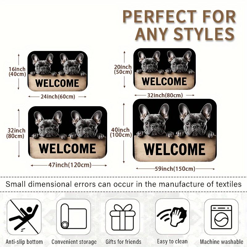 French Bulldog Welcome Mat Cute Cartoon Dog Non-slip Machine Washable Floor Rug for Kitchen Laundry Room New Year Home Decor