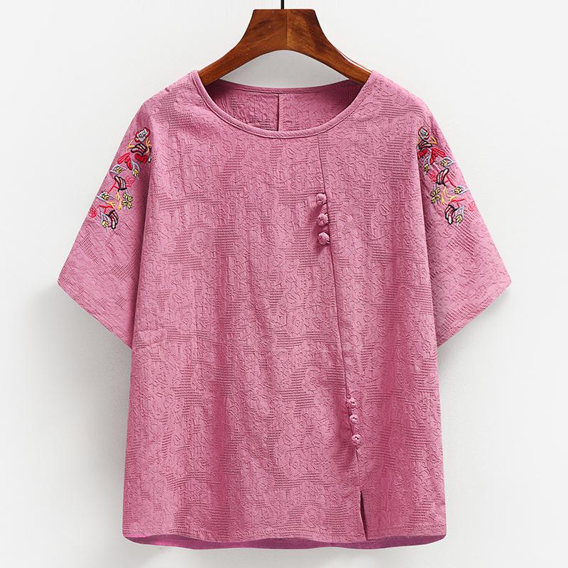 Haut brodé en coton style chinois à manches courtes pour femmes âgées - Ensemble t-shirts d'été pour mamans et grands-mères