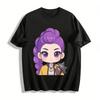 Cooles lila Haar Q-Version Mädchen Druck Lässiges Oberteil Trendiger Street Style Unisex T-Shirt Reines Baumwoll-T-Shirt
