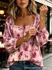 New Xiyin Summer T-Shirt Women's Printed Square Neck Button Bubble Sleeve Women's Top Women's