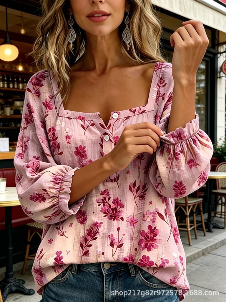 New Xiyin Summer T-Shirt Women's Printed Square Neck Button Bubble Sleeve Women's Top Women's