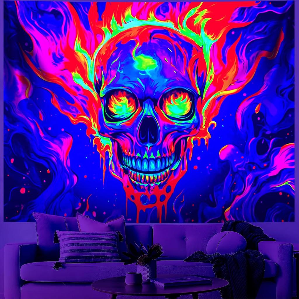 BVBOX Castle Blacklight Halloween Tapestry Horror Moon Night Scary Cemetery Pumpkin Lantern Halloween Tapestry Wall Hanging Skul