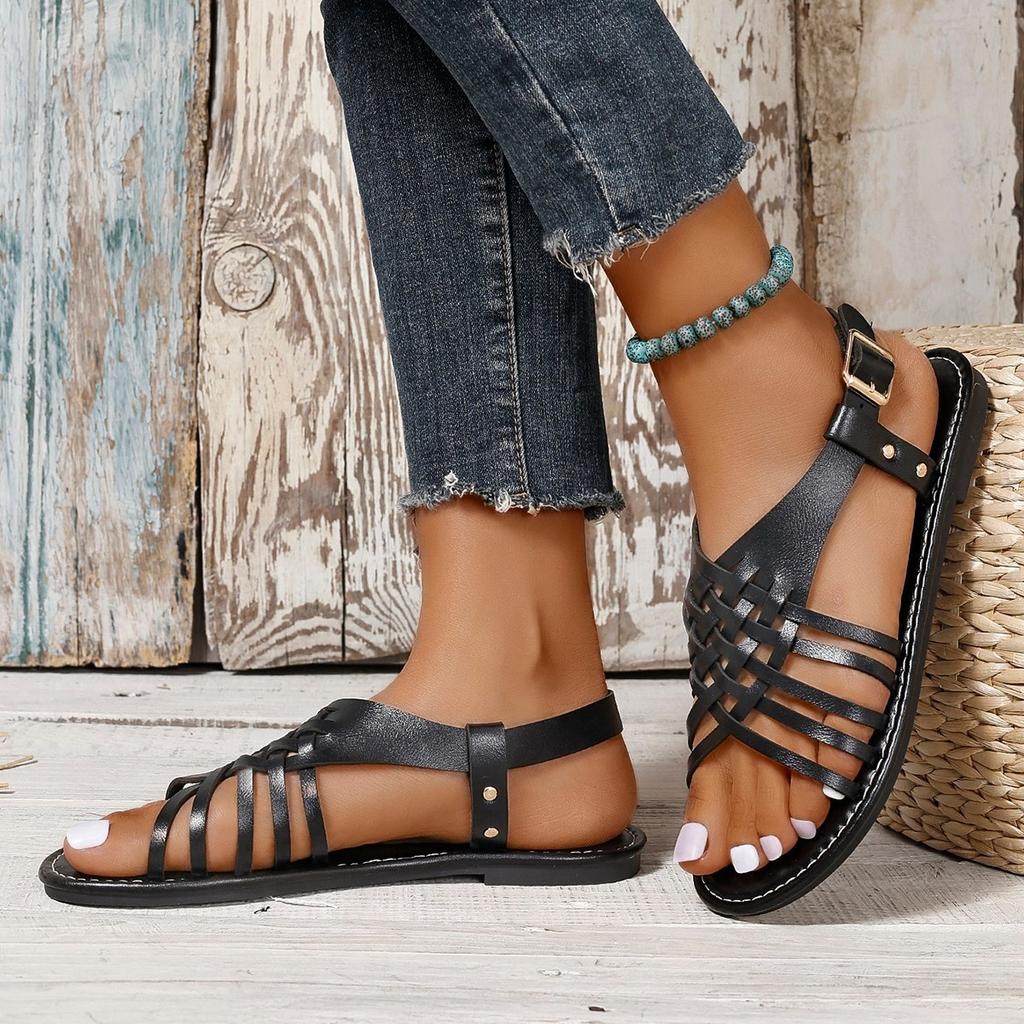 Foreign trade large size flat-bottom buckle open-toed sandals women's retro style cross belt comfortable and light beach cool slippers
