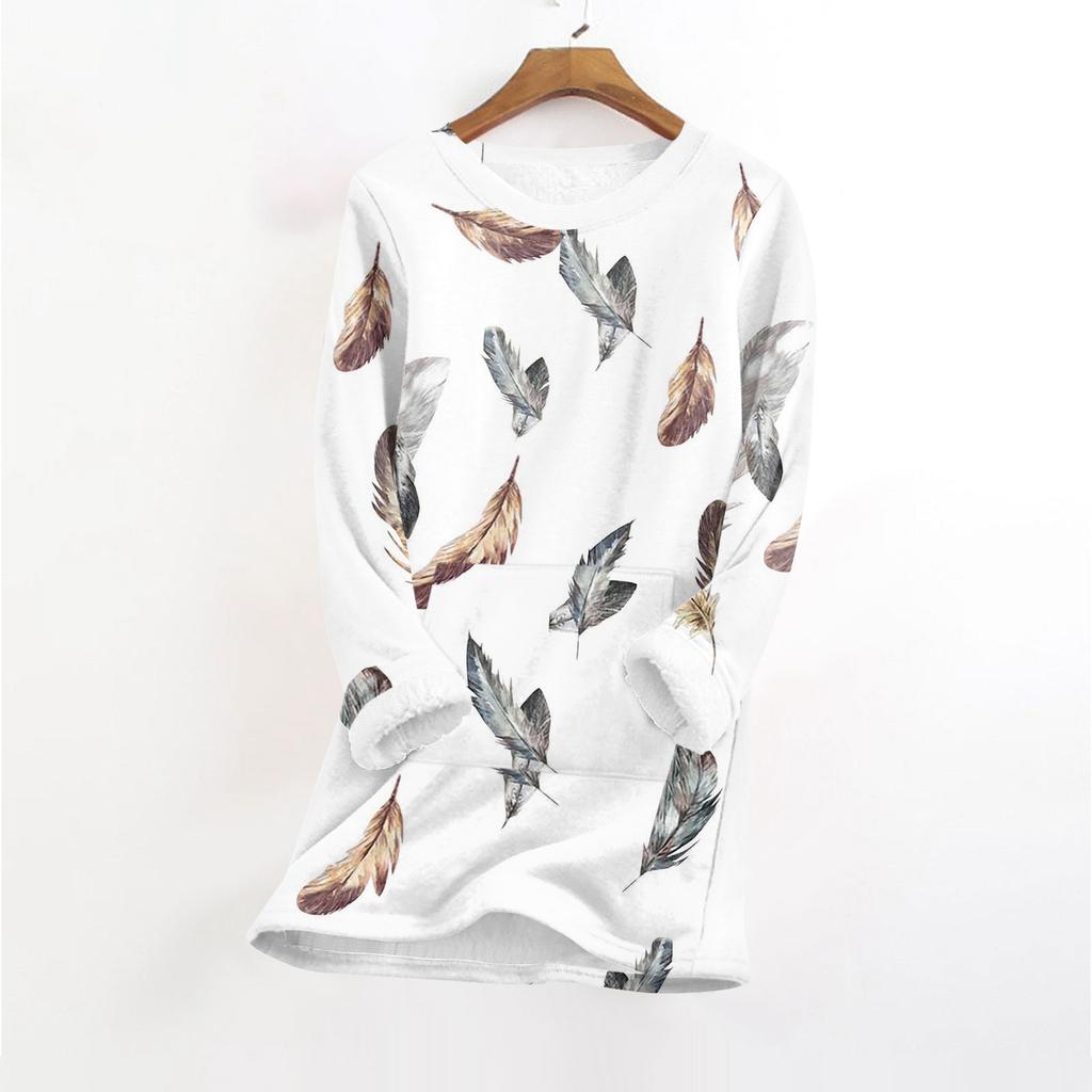 Women's Fashionable Printed Round Neck Long Sleeved Plush Warm Pullover Top
