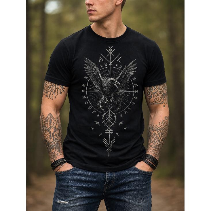 Men's Black Short Sleeve Crew Neck T-Shirt with Viking Raven & Rune Graphic, Soft Cotton Blend, Relaxed Fit for Casual Outdoor Wear