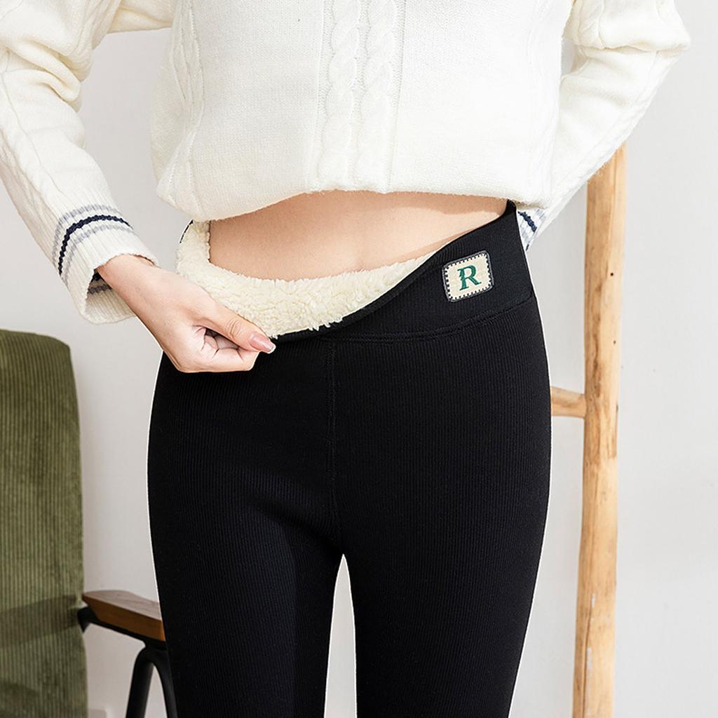 Women's High Waist Casual Pants Color Fleece Thermal Leggings Winter Long Fleece Trousers Plush Running
