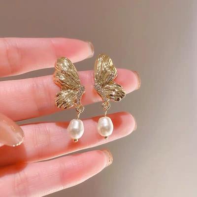 French Micro-Pavé Butterfly Pearl Wing Earrings for Women - Luxury Vintage Stud Design