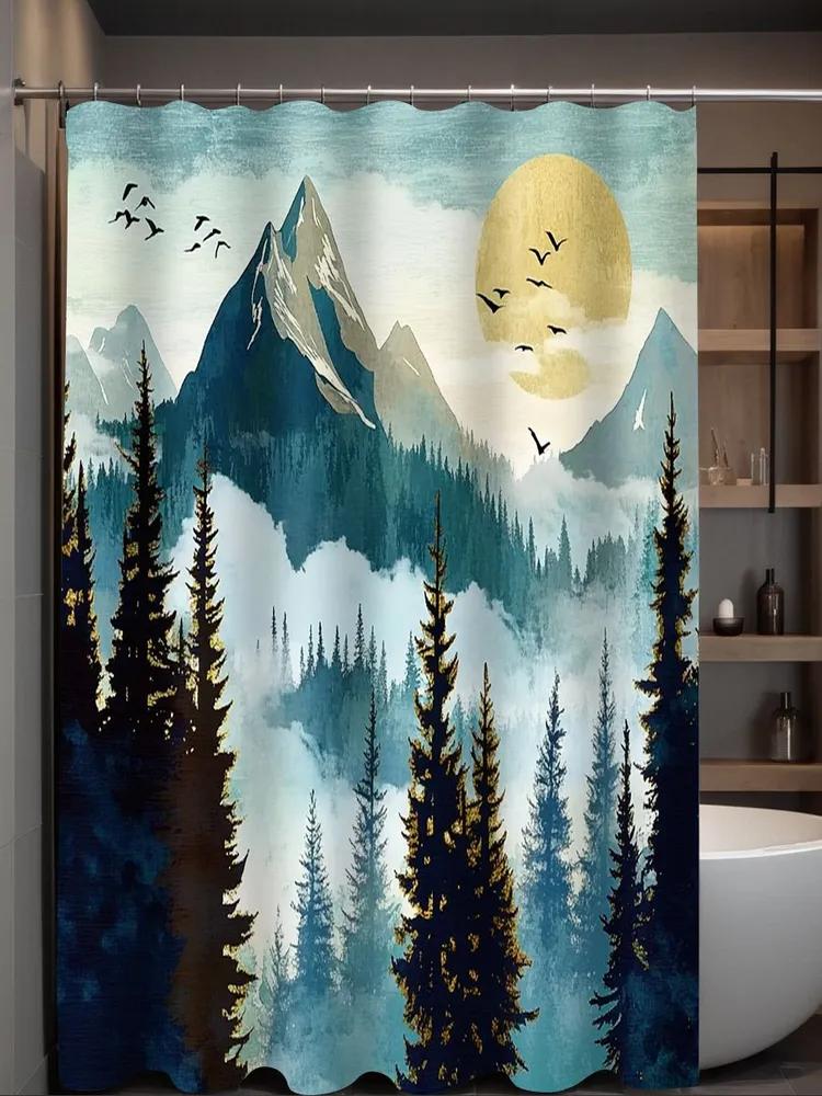 Mountain Forest Landscape Shower Curtain Machine Washable All Season Waterproof Privacy Protection Nature Design Serene 12 Hooks