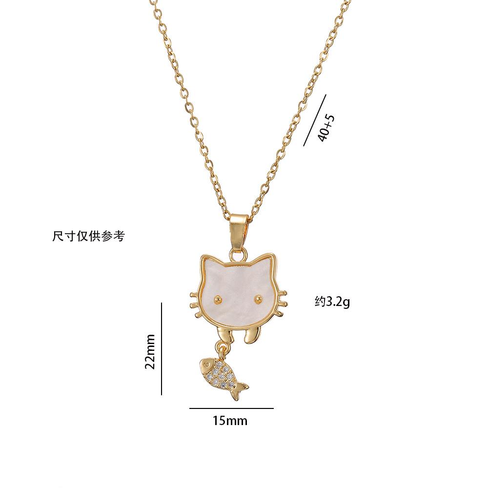 Cartoon Cute Shell Zircon Kitten Fishing Pendant Necklaces for Women Stainless Steel Chain Cat Accessories Gifts for Friends