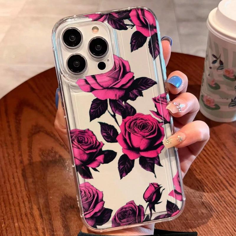Rose red roses are suitable for Apple 16pro mobile phone case 15pro transparent 1413 airbag 12 trend 11 explosion