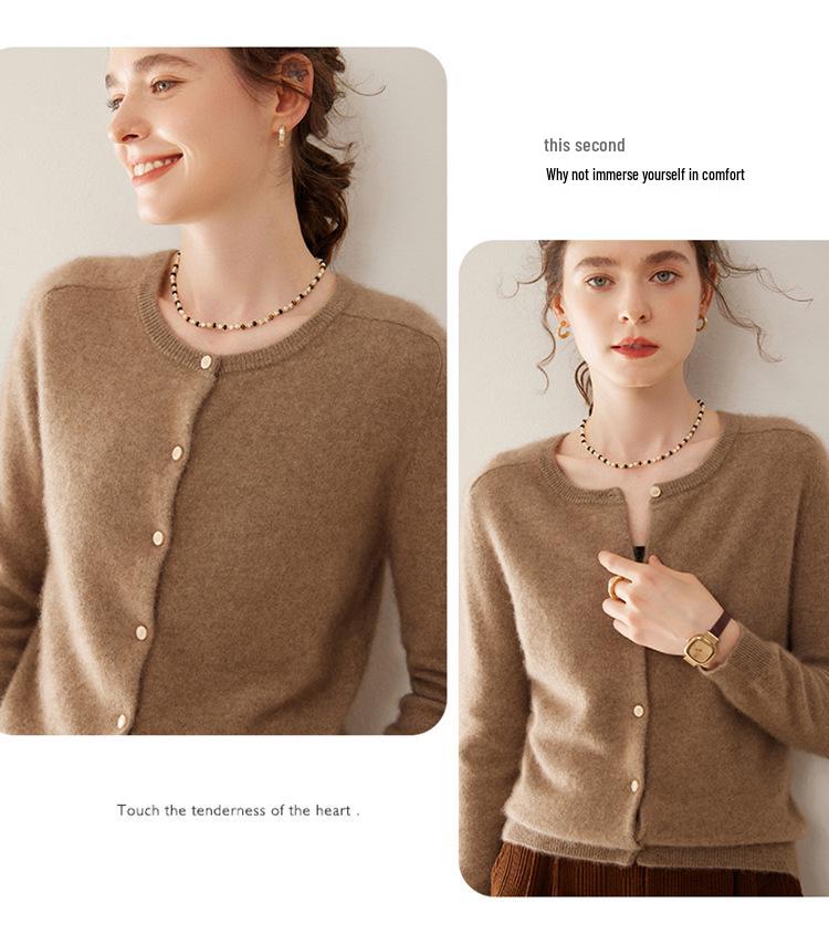 Women's Round Neck Cashmere Knit Cardigan - Long Sleeve, Loose Fit, Fashionable Outerwear for Autumn/Winter