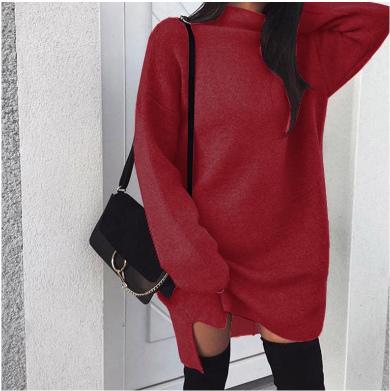 2023 European & American Plus Size Loose Knit High Neck Slit Dress for Women