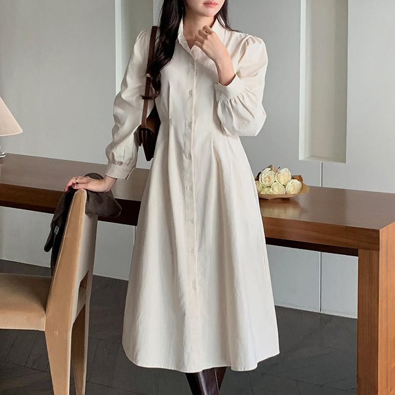 

Ранняя весна Новый французский минималистский темперамент однобортное платье-рубашка с юбкой на шнуровке на талии M абрикосовый