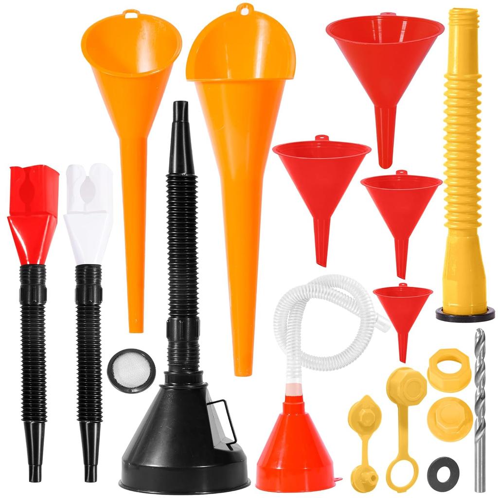 17 Pcs Automotive Funnel Set & Gas Can Spout Replacement, Funnels For Automotive And Kitchen Use,Plastic Long Neck Oil Funnel, Flexible Right Angle