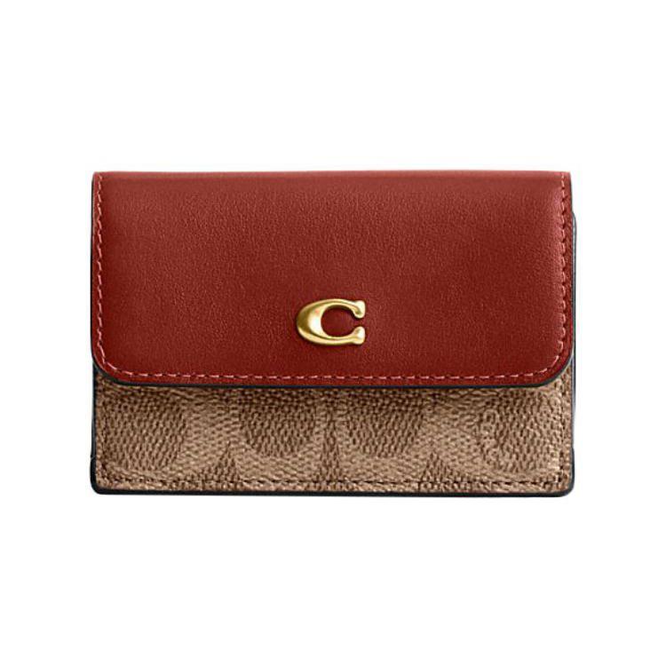 Coach Trifold Wallet 11 Logo Classic Monogram Flap Snap Coated Canvas And Calfskin Women Wallet Brown Khaki CM438-B4NQ4 Brown & Khaki