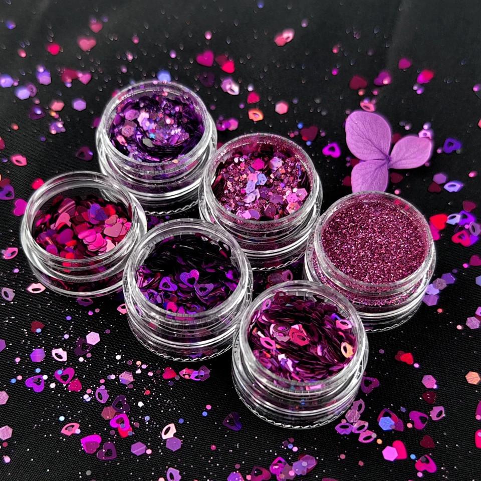Valentine's Day Nail Art Glitter Set: 6-Compartment with Heart, Hollow Heart, Butterfly, and Metallic Glitter for Resin