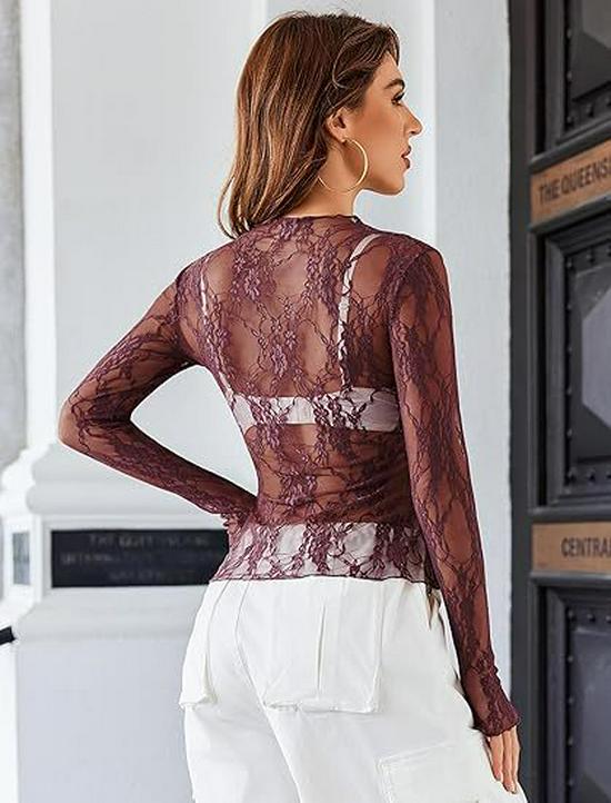 2024 Women's Long Sleeve Stand Collar Floral Lace Top - Transparent See-through Design