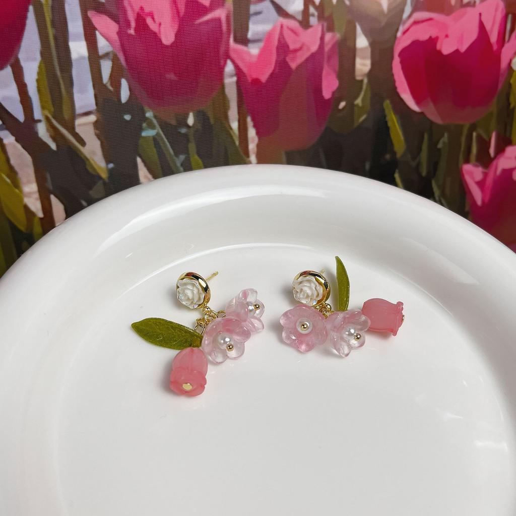 Pinkdudu 2023 Sweet Pink Rose Green Leaf Drop Earrings Fashion Creative Silver Needle Flower Earring for Women Jewelry PD1459