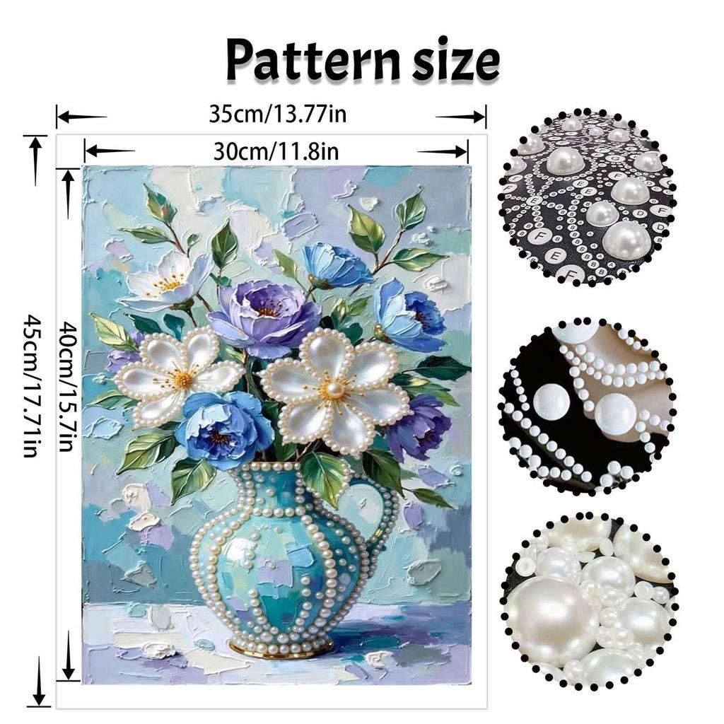 DIY Frameless Pearl Painting Kit Blue Vase Flowers 3D Shiny Bead Art Canvas Relaxing Creative Craft for Home Wall Decor Gift