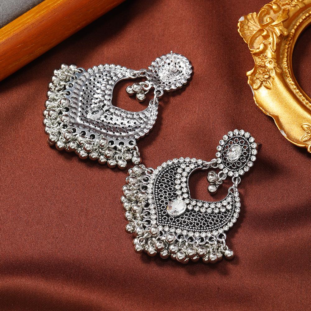 Retro Bohemian Ethnic Heart Stud Earrings with Long Bell Design