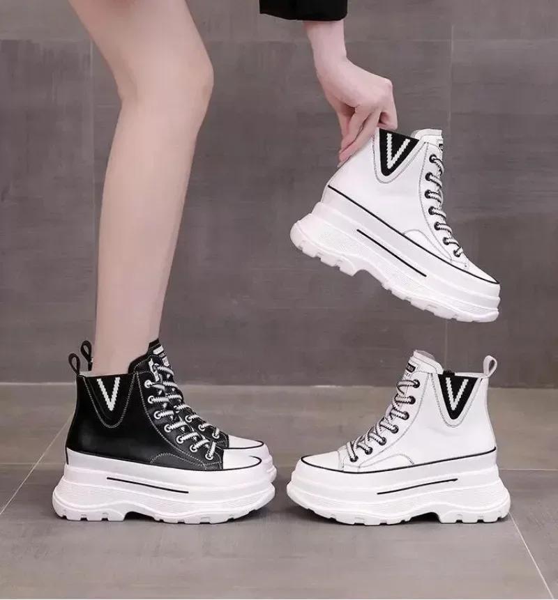 Fashion High Quality 7CM White Platform Wedge Sneakers Chunky Shoes Genuine Leather Combat Boots Women Ankle Boots Spring Autumn Booties