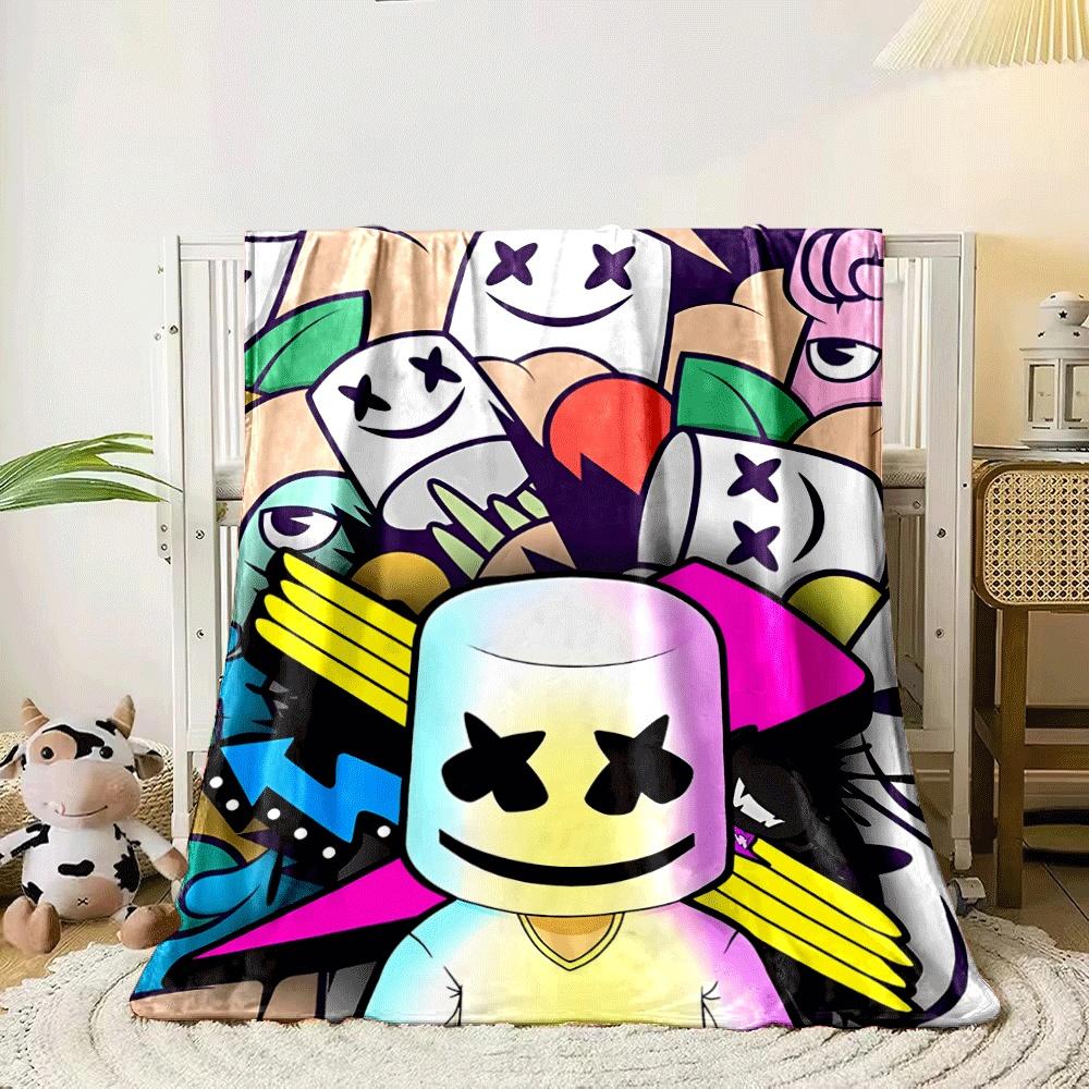 A colorful collage with smiling marshmallow faces and bold shapes. for all seasons blanket lunch break throw gift