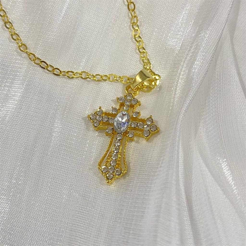 White Zircon Cross Necklace, Sparkling Diamond Pendant Collar Chain for Women