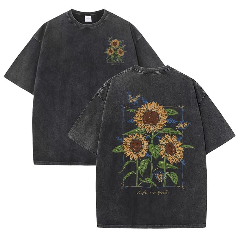 Lift Is Good Beautiful Sunflower Print Washed T Shirts Women Soft Cotton TShirt Street Creative Short Sleeve Summer Casual Tops S