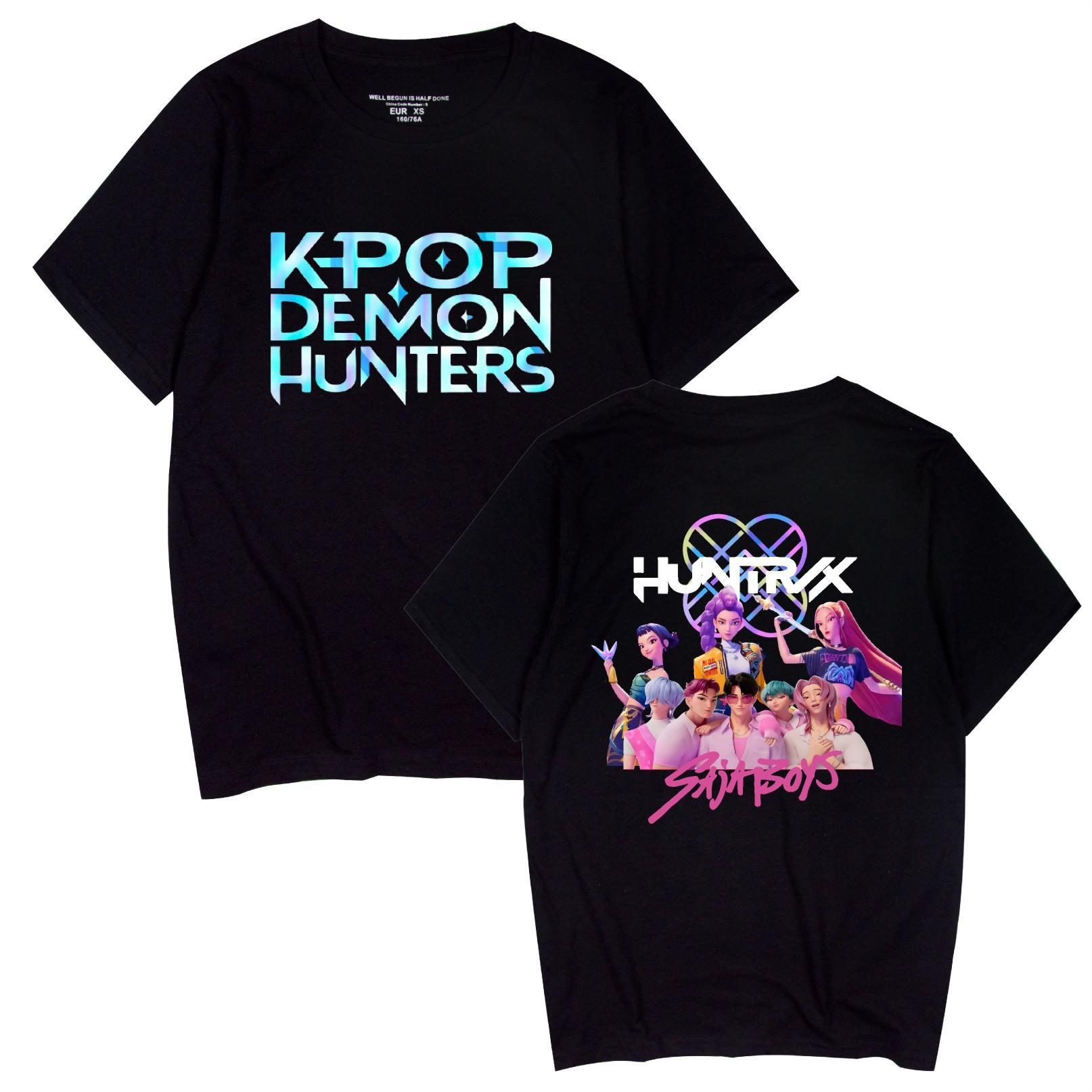

KPop Demon Hunters Футболка Мужская Женская С круглым вырезом Короткий рукав Уличная одежда Футболка Новая Мультяшная Одежда Топы XS чёрный