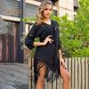 Women Beach Cover Up V-neck Half Sleeve Backless Design Cover Up Solid Color Loose Fit Hollow Crochet Tassel Anti-UV Vacation Dress