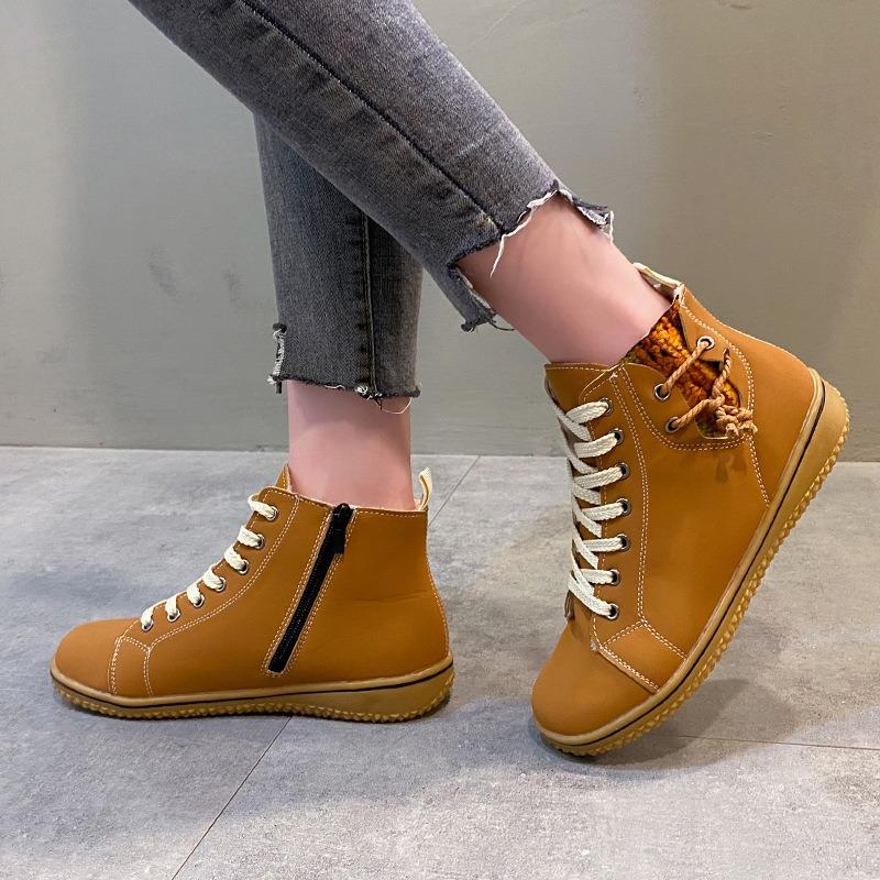 Large size Martin boots women's round head flat bottom autumn and winter lace-up zipper short boots velvet cotton shoes