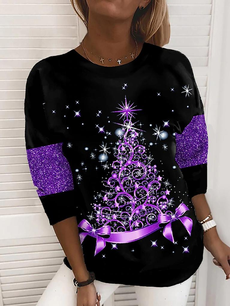 XS-8XL Women's T shirt Tee Snowflake Sparkly Christmas Tree Christmas Weekend Painting Tee Long Sleeve Print Round Neck Basic