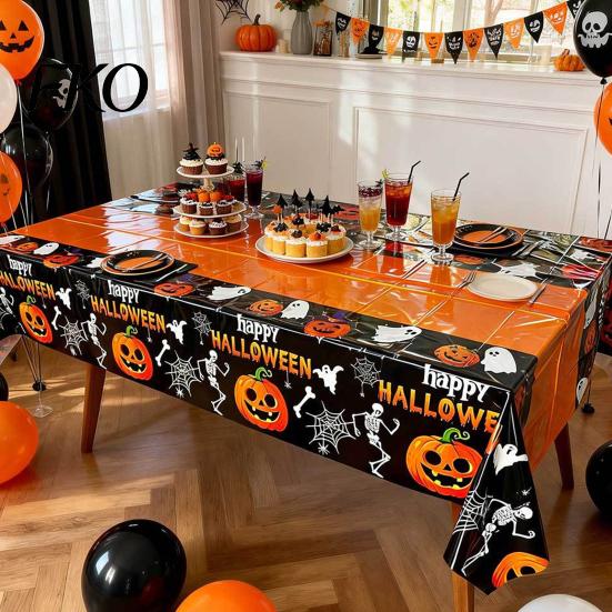 Spooky Tablecloth Happy Halloween Disposable Tablecloth, Pumpkin Ghost Skeleton Waterproof Table Cover for Kitchen Dining Room, Party Supplies