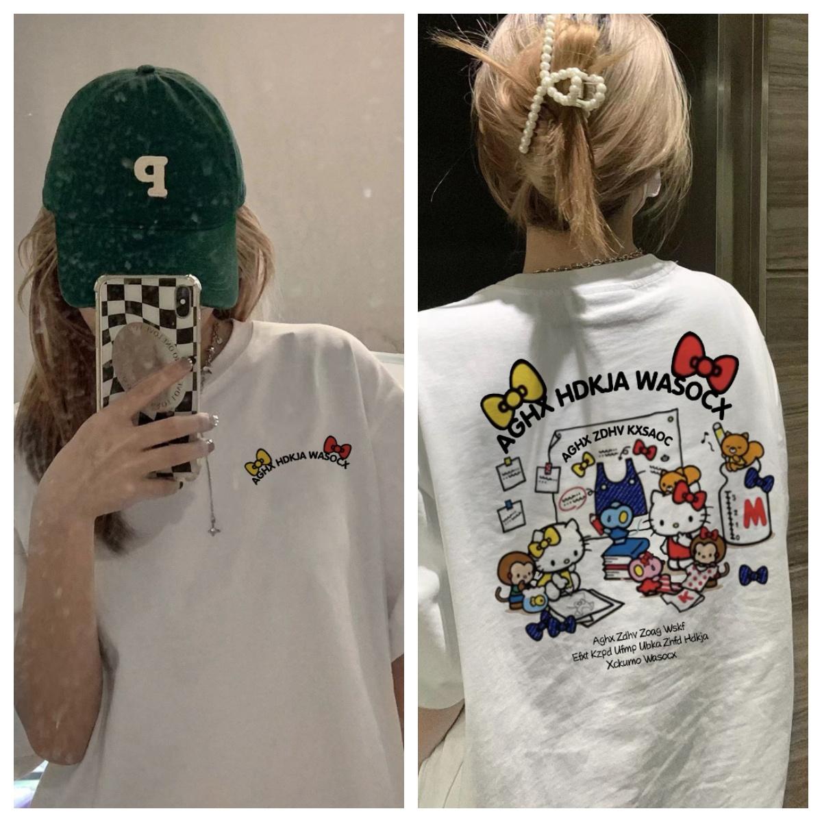 

Hello Kitty Short Sleeve Tee soft cotton casual crew neck cute cartoon print lightweight summer top for Women daily wear S