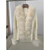 Kunstpelzmantel Patchwork Strickpullover Bandage Pelz Strickjacke Abnehmbarer Kragen Jacke Herbst-Winter Damen Kunstpelzmantel