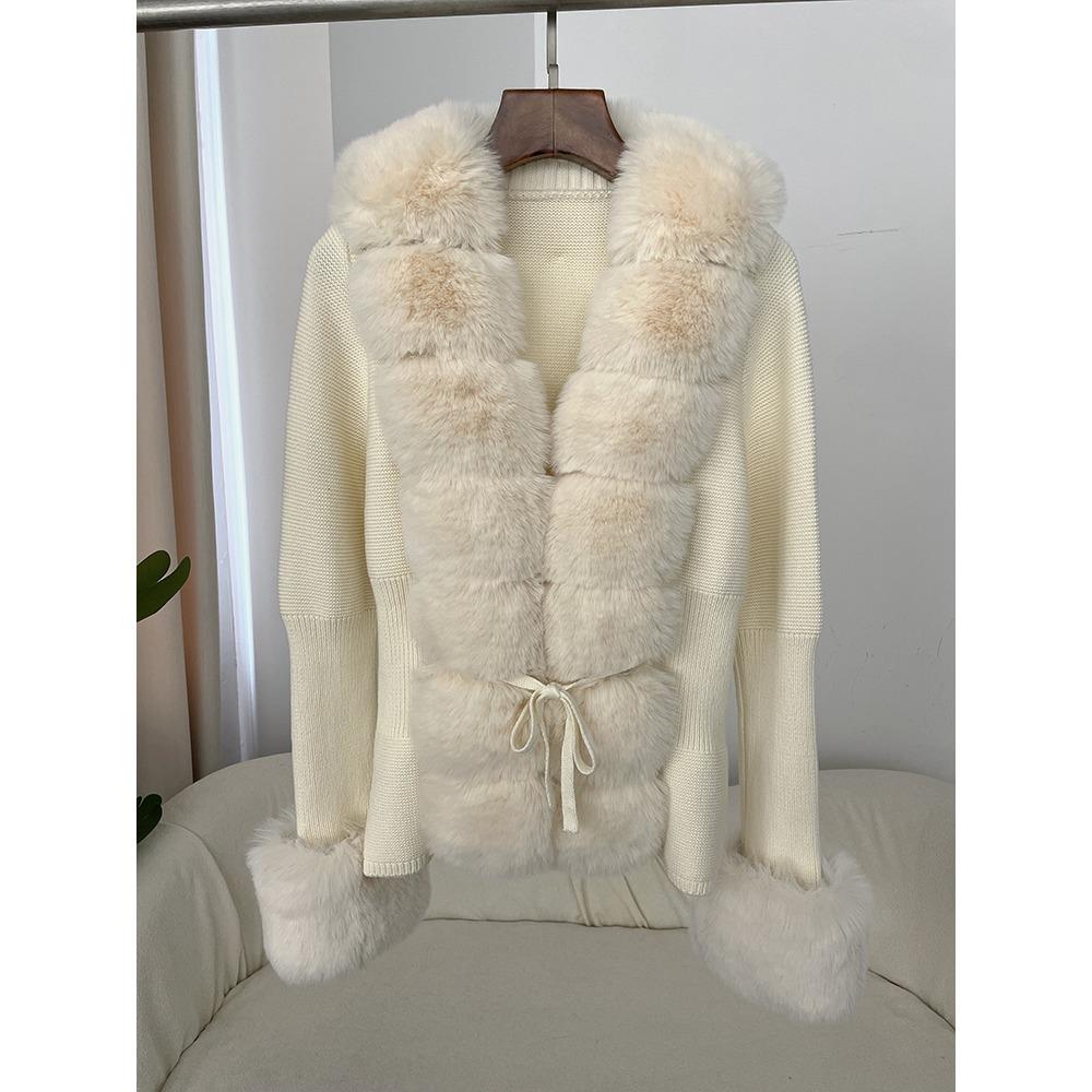 Kunstpelzmantel Patchwork Strickpullover Bandage Pelz Strickjacke Abnehmbarer Kragen Jacke Herbst-Winter Damen Kunstpelzmantel