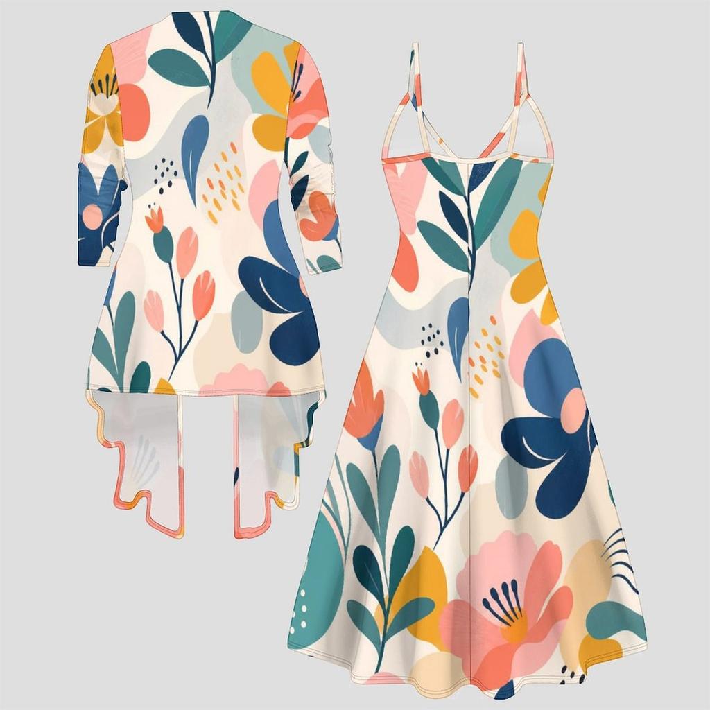 Women Plus Size Two Piece Outfit Long Sleeve Open Cardigan Cami Maxi Dress