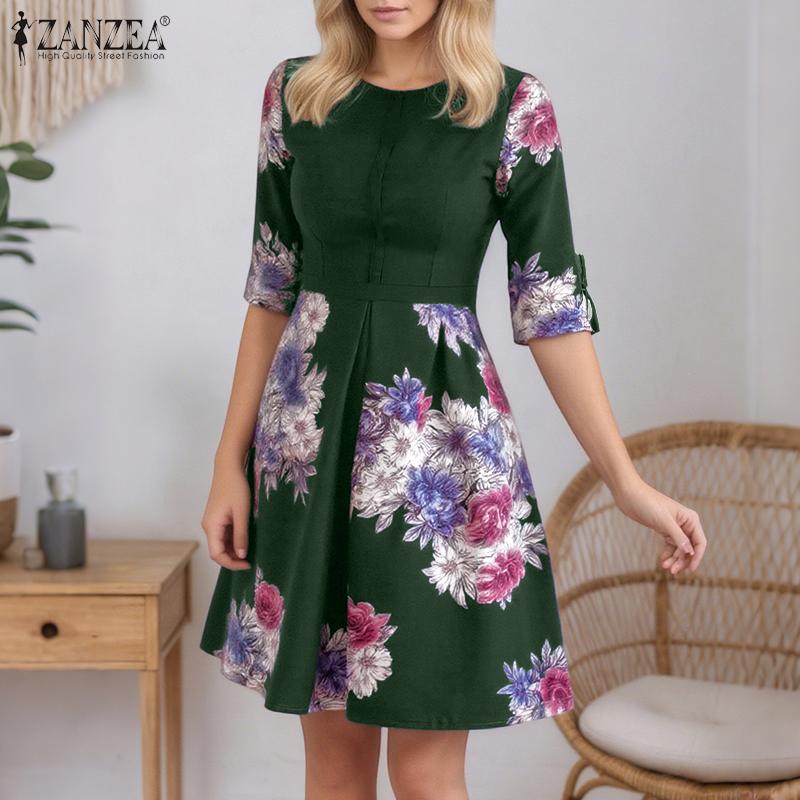 ZANZEA Women Floral Print Casual Round Neck Short Sleeve Dress