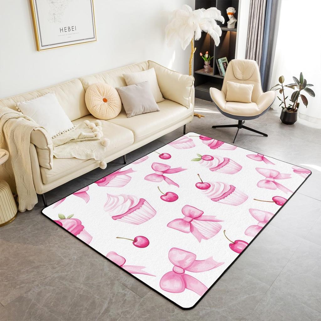 Erosebridal Bowknot Living Room Rugs for Girls, Girly Bow Knot Decorative Carpet Stripes Diamond Area Rug 6'6" x 4'11" for Kids Women, Kawai